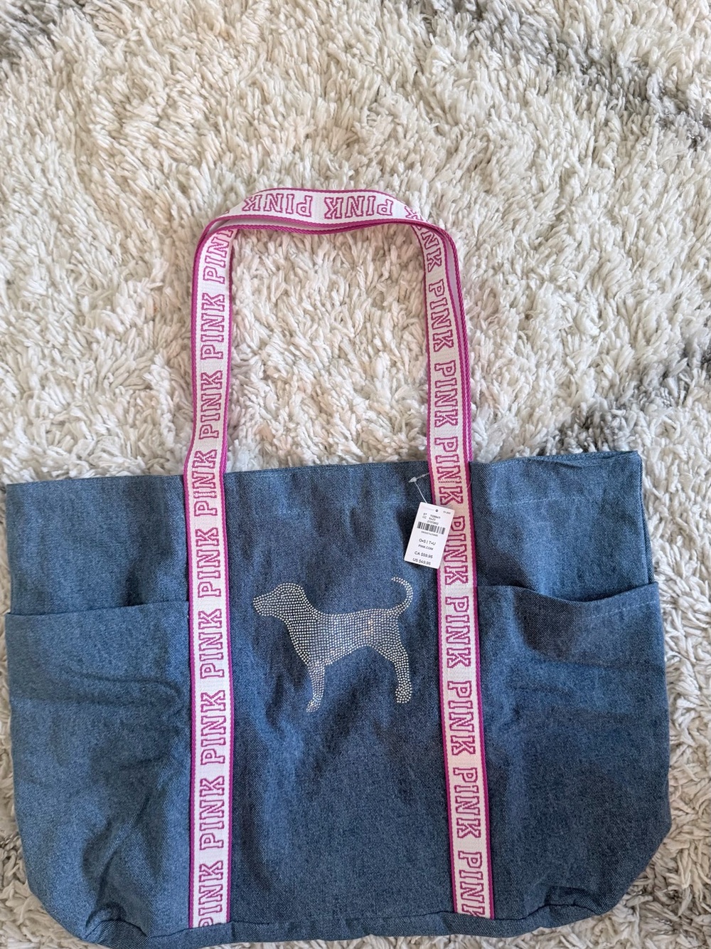 PINK Victoria Secret Denim Tote Bag with Pink Logo Straps - Picture 2 of 4